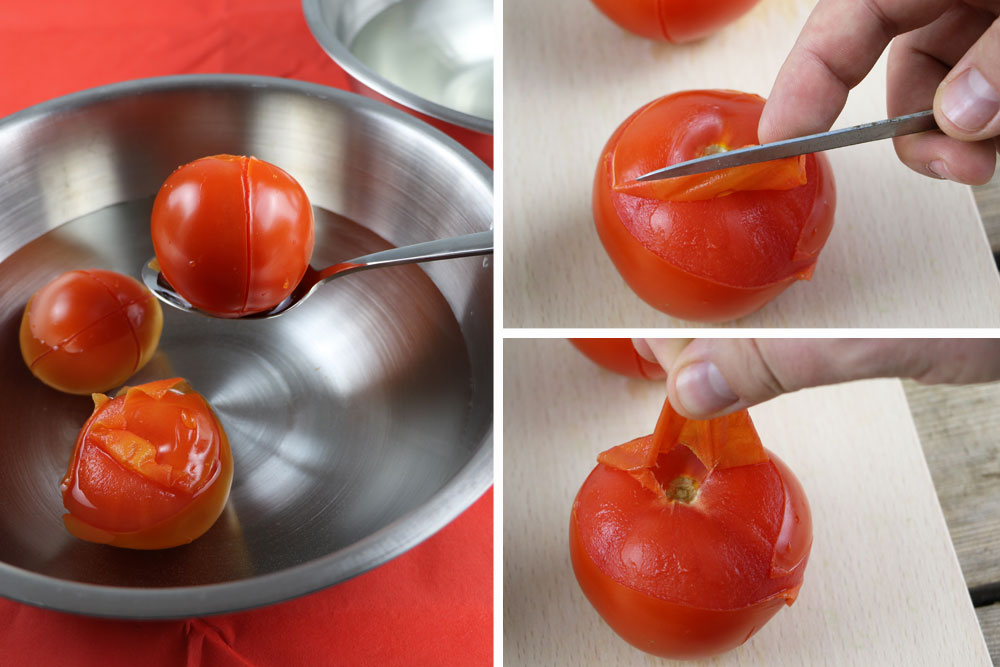 Tomatenschale mit Messer oder Fingern entfernen